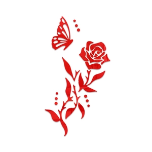 Close-up of 3D red acrylic rose and butterfly wall stickers with glossy finish