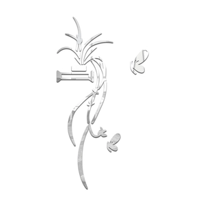 Detailed view of silver 3D acrylic mirror wall stickers with butterfly and leaf pattern