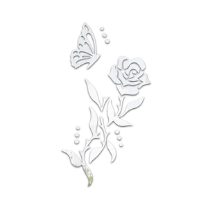 3D silver mirror acrylic wall sticker featuring a hollow butterfly and long stem rose