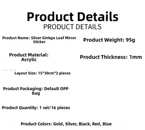 Detailed chart showing 1mm acrylic ginkgo leaf wall stickers specs and color options