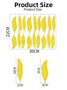 Detailed size chart of feather acrylic mirror wall stickers in vibrant yellow finish