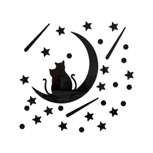 Black 3D acrylic mirror wall decals featuring romantic cats, stars and moon home decoration