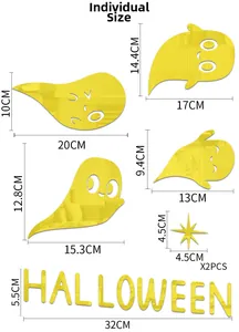 Detailed size guide for gold acrylic mirror Halloween wall decals and lettering