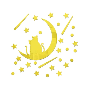 Detailed yellow acrylic mirror wall stickers with moon cat stars and shooting star elements