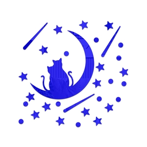 Detail of blue acrylic mirror wall decals with cat moon and stars design for room decor