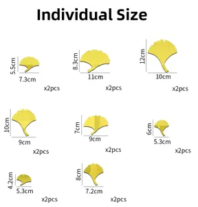Size chart for leaf acrylic 3D wall stickers showing 8 ginkgo leaf dimensions in cm