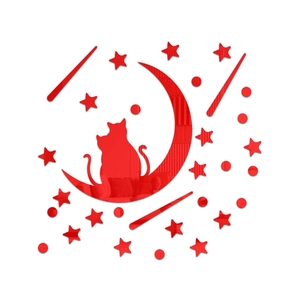 Detail of red acrylic mirror wall stickers featuring cats on a moon with stars