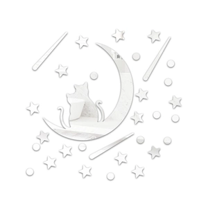 Detail of 3D silver mirror acrylic wall stickers featuring cats sitting on a moon with stars