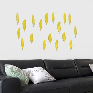 Golden acrylic feather mirror wall stickers set of 18 for modern living room decor