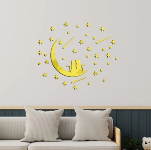 Dettaglio dell'adesivo da parete 3D in acrilico dorato con gatti sulla luna e stelle lucide