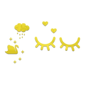 Close-up of golden acrylic 3D mirror wall stickers with swan stars and cloud shapes