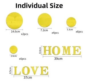 Detailed dimension guide for 3D acrylic mirror wall stickers with HOME and LOVE letters
