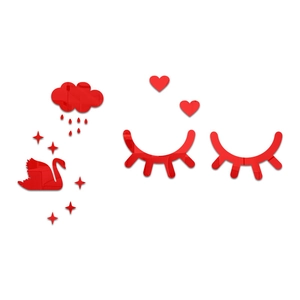 Detail of red acrylic 3D wall stickers featuring a swan, cloud, and star shapes