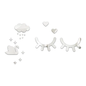 Detailed view of 3D acrylic mirror wall stickers with swan, stars, and clouds elements