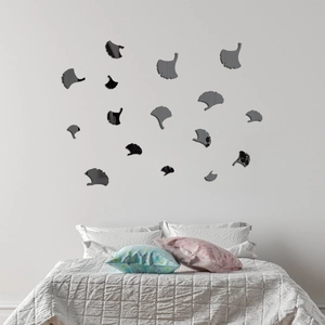 Detailed view of silver ginkgo leaf acrylic 3D wall stickers in a modern bedroom setting