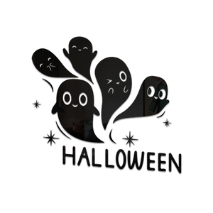 Black acrylic Halloween 3D mirror wall stickers with cartoon ghosts and HALLOWEEN text