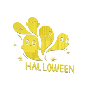 Detail of yellow acrylic mirror wall stickers with ghost motifs and Halloween text