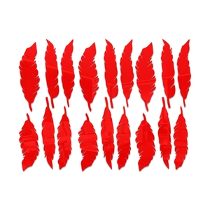 Detail view of 16 piece red acrylic mirror feather wall stickers for living room decor