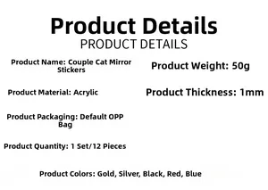 Detailed specifications for 3D acrylic cat wall stickers showing dimensions and materials