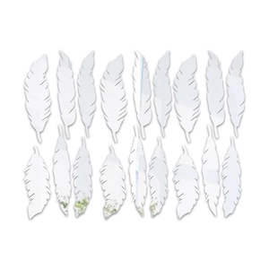 Set of 18 silver feather acrylic mirror wall stickers with reflective surface and 3D effect