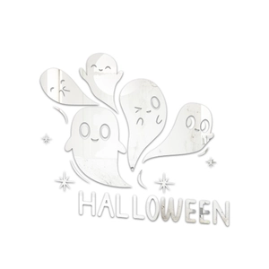 Detail of silver acrylic mirror wall stickers featuring cartoon ghosts and Halloween text