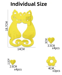 Detailed dimensions of 3D yellow acrylic mirror cat wall stickers with heart and flower shapes
