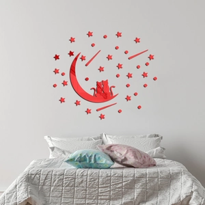 Adesivo murale 3D specchio acrilico rosso con luna, gatti e stelle per decorazione