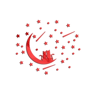 Dettaglio degli adesivi murali 3D in acrilico rosso con design di gatto e luna