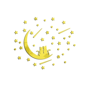 Dettaglio di adesivi murali gatto e luna in acrilico a specchio giallo con stelle