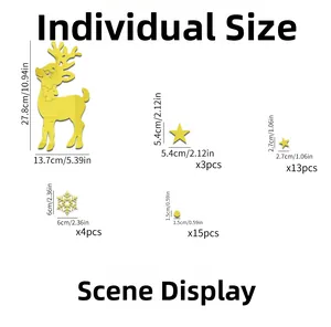 Size chart for golden acrylic deer, stars, and snowflakes mirror wall stickers set