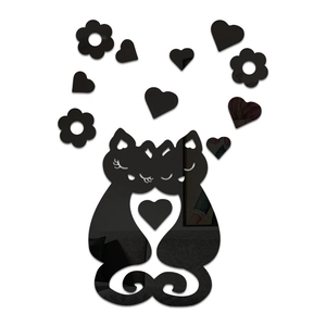 3D black mirror acrylic wall sticker featuring two cats forming a heart shape for home decor