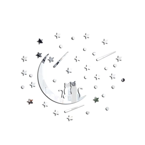 Adesivi murali in acrilico a specchio con gatti su luna crescente argentata e stelle decorative