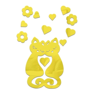 Detail showing shiny yellow acrylic cat and heart mirror wall stickers on a white background