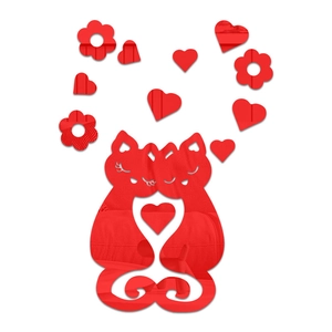 Close-up of red 3D acrylic mirror wall stickers with two cats forming a heart shape