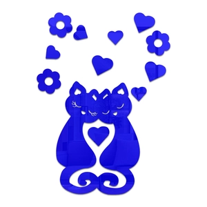 Detail of blue acrylic mirror wall stickers with cats, hearts, and floral designs