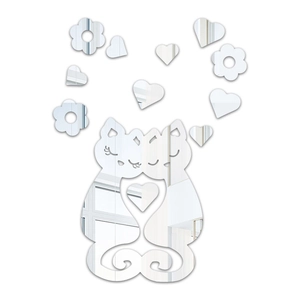 3D acrylic mirror wall sticker featuring two cute cats with heart and flower accents