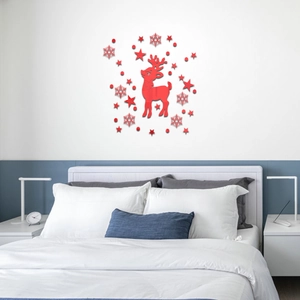 3D red acrylic mirror wall sticker set with reindeer and snowflake theme for room decor