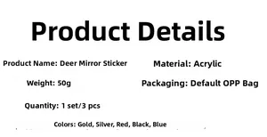 Specifications chart for acrylic deer mirror wall stickers showing material and size info