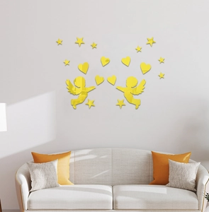Detailed view of yellow 3D acrylic mirror wall stickers with angel and heart shapes