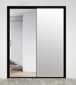 Black framed sliding door with frosted privacy glass and modern minimalist design