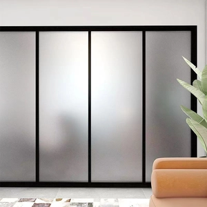 Frosted privacy glass film on black frame windows with soft natural light diffusion