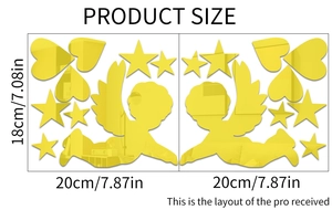 Detailed size chart showing gold acrylic cupid heart mirror wall sticker measurements