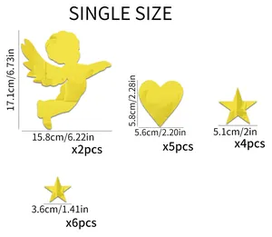Size chart for 3D acrylic mirror wall stickers featuring Cupid, hearts, and stars shapes