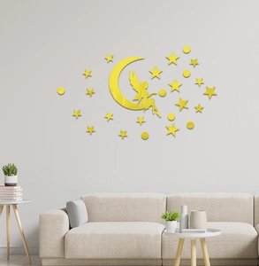 Détail des stickers muraux miroirs dorés en acrylique lune et étoiles pour salon
