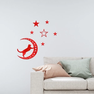 Red acrylic cat moon and stars mirror wall sticker set for living room home decor