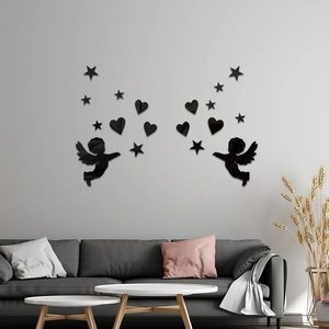 Detail of 3D black acrylic mirror wall stickers with cupid angels and heart shapes