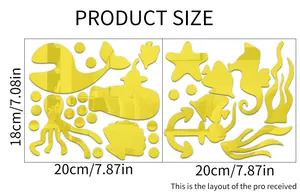 Size chart showing dimensions for acrylic ocean animal mirror wall stickers in gold