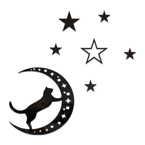 Black acrylic wall decal featuring a cat silhouette inside a moon and stars