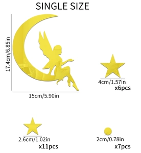 Guide des tailles des stickers muraux miroir doré avec fée de lune et étoiles