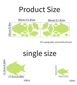 Size chart showing glow in the dark fish wall stickers with dimensions for room decoration